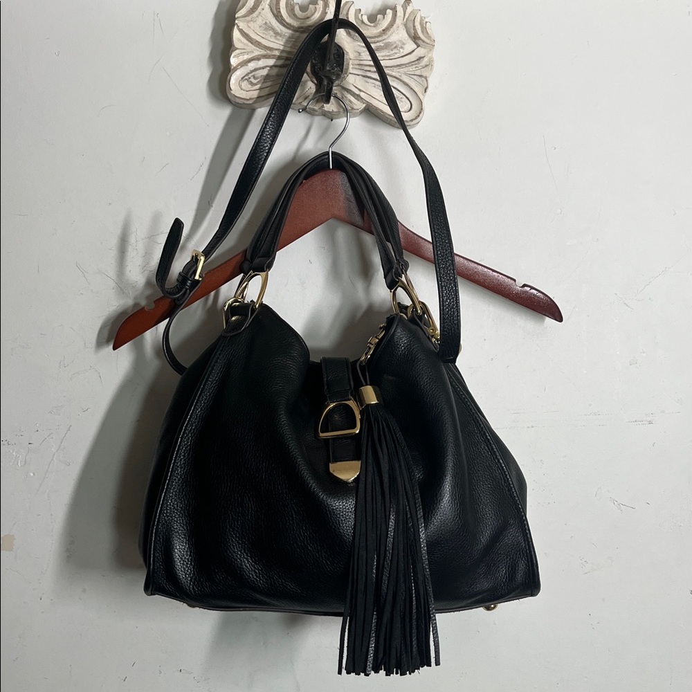 G.I.L.I Black Leather Stirrup Satchel Crossbody